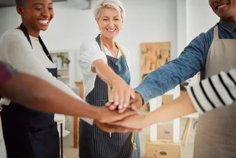Creative, stack and discussion for group, teamwork and solidarity in workshop Stock Photos