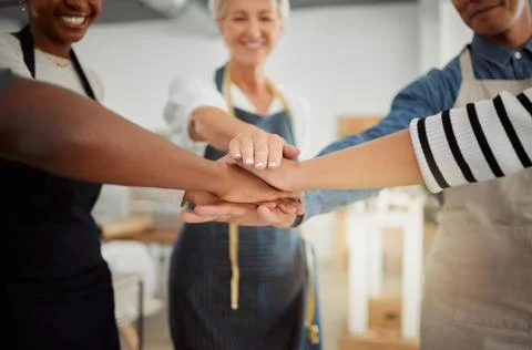 Creative, stack and discussion for group, hands and solidarity in workshop Stock Photos