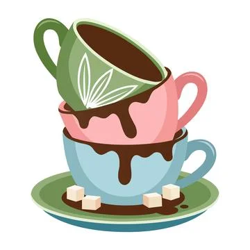 Creative Stacked Coffee Cups with Chocolate Drizzle and Sugar Cubes Illustration