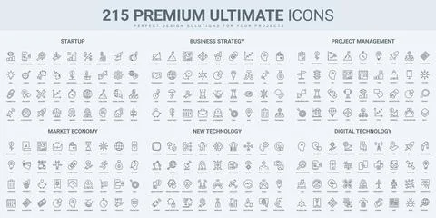 Creative startup and project management, market strategy thin black line icons Illustration