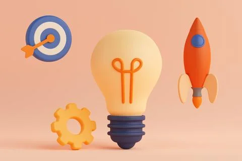 Creative Startup Concept. Light Bulb With Rocket, Gear And Target. 3d Renderi Stock Illustration