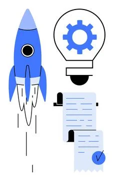 Creative Startup Concept with Rocket, Gear Lightbulb and Document Stock Illustration