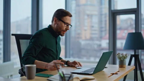 Creative startuper writing papers working on project at office laptop closeup. Stock Footage 340236791