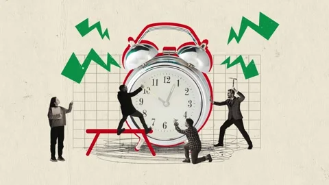 Creative Stop motion. Animation. young workers start work raise big huge clock 動画素材 254424812