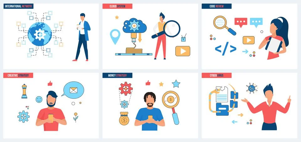 Creative strategy of cloud systems, code review, cyber security and network Illustrazione stock