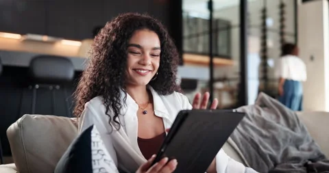 Creative, streaming and woman with tablet, home and video editing with Stock Footage 300996606