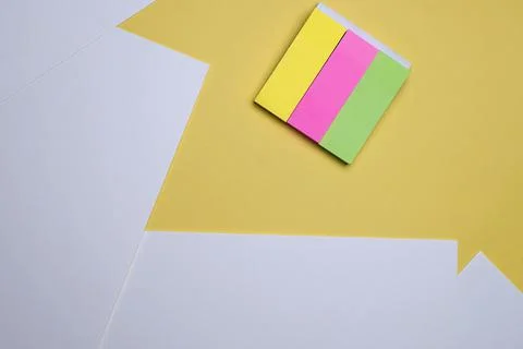 Creative Student, homework flat lay, table top. White sheets and sticky notes Stock Photos