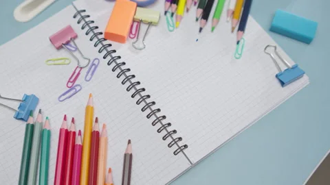 Creative Student Workspace with Colored Pencils Stock Footage 337882644