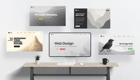 Creative studio desk with central screen displaying a web design interface Stock Photos