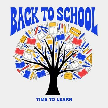 Creative stylized tree made from various school items Stock Illustration