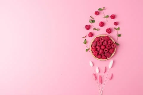 Creative summer background made from fresh berries and flowers on pink. Flat  Stock Photos