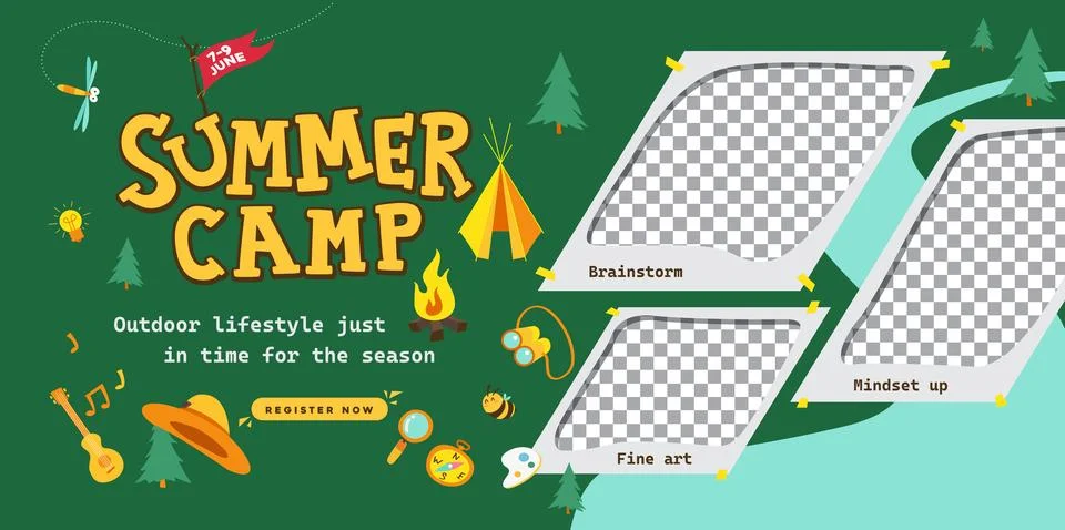 Creative summer camp poster with forest background paper frame layout and p.. Stock Illustration