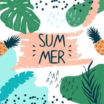 Creative summer card template with hand drawn leaves and strokes. Stock Illustration