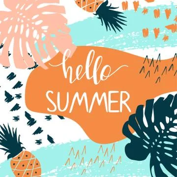 Creative summer card template with hand drawn leaves and strokes. Stock Illustration