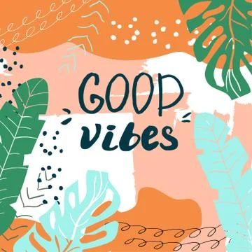 Creative summer card template with hand drawn leaves and strokes. Stock Illustration