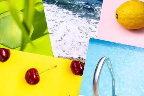 Creative summer collage. Bright fresh moments of summer. Pool, fruit, water,  Stock Photos