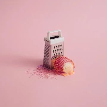 Creative summer concept with sea shell, grater and tiny glitter hearts. Minim Stock Photos