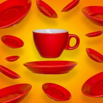 Creative surreal design with a red coffee cup and saucer on a yellow backgrou Stock Photos