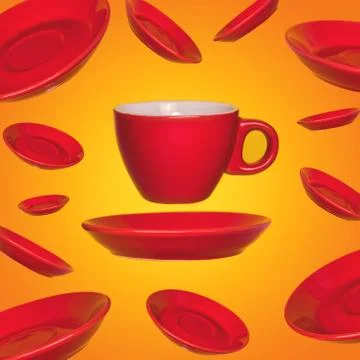 Creative surreal design with a red coffee cup and saucer on a yellow backgrou Stock Photos