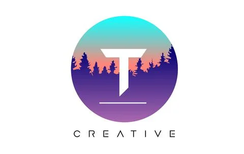 Creative T Letter Logo Design with Pine Forest Vector Shapes and Pastel Color Stock Illustration