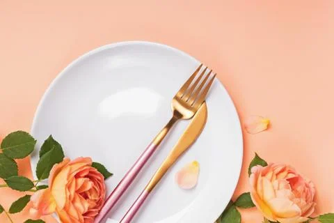 Creative table setting for valentine's day or wedding with beautiful roses Stock Photos