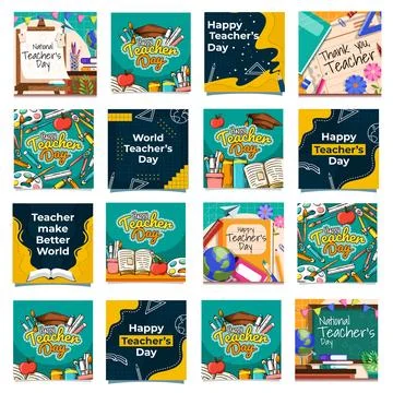 Creative Teachers Day Vector Card Illustration Set Stock Illustration