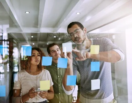 Creative, team and sticky notes on glass for planning, timeline and design 스톡 사진