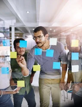 Creative, team and sticky notes on glass for reminder, timeline and design 스톡 사진
