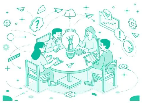 Creative team brainstorming at a round table. Four people discuss ideas wit.. Stock Illustration