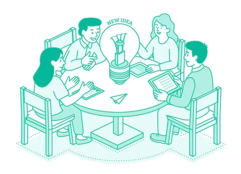 Creative team brainstorming at a round table. Four people discuss ideas wit.. Stock Illustration
