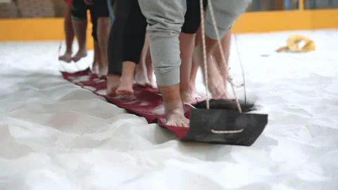 Creative Team Building Exercise With Specialized Rope And Textile Ski Apparatus Video stock 308463415