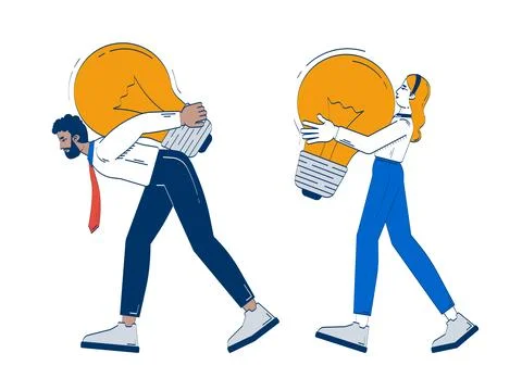 Creative team carrying light bulbs symbolizing ideas doodle illustration concept イラスト素材