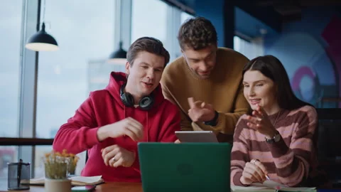 Creative team collaborating together in workspace closeup. Managers talking Stock Footage 340079946