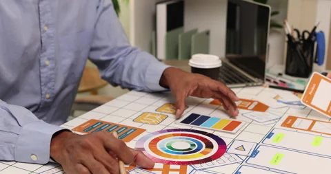 Creative team collaborating on UX and UI design using wireframes Stock Footage 343383720