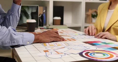 Creative team collaborating on UX and UI design using wireframes Stock Footage 343385308