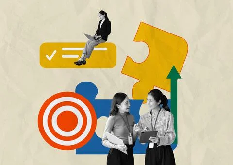 Creative Team Collaboration Concept Collage with Business Elements and Modern Stock Photos