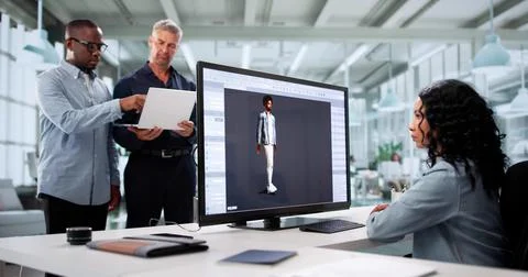 Creative Team Develops 3D Character Animation In Modern Office Space. 库存照片