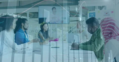 Creative team discusses global finances with colleague online in modern office. Stock Footage 330776283