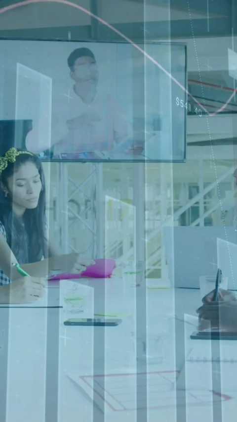 Creative team discusses global finances with colleague online in modern office. Stock Footage 344524768