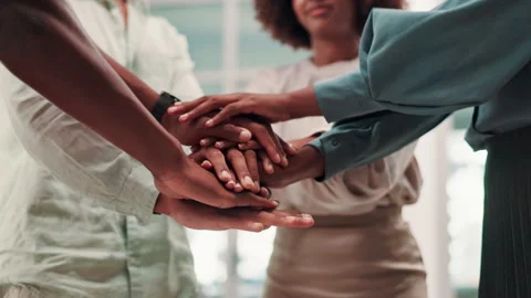 Creative team, hand stack and happy in office for collaboration, project Stock Footage 300835221