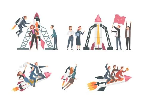 Creative Team Launch Rocket in Space Vector Set Stock Illustration