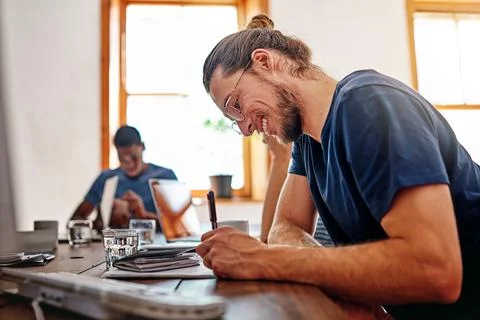 Creative team, manager and writing with document, design proposal and planning Stock Photos