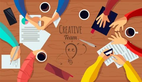 The creative team, the negotiating table is the top view. Stock Illustration