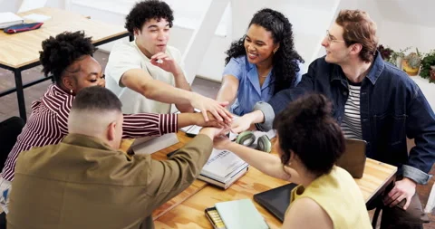 Creative, team or happy people with hands together in office for collaboration Stock Footage 346678092