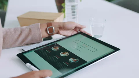 Creative team, talking and hands with tablet screen for project, scroll and Stock Footage 331066490