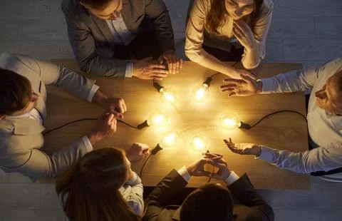 Creative team thinking brainstorming, successful business group, bright light Stock Photos