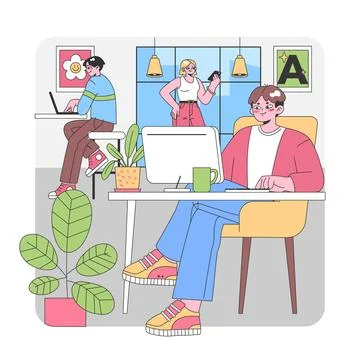 Creative team at work in a vibrant office. Flat vector illustration Stock Illustration