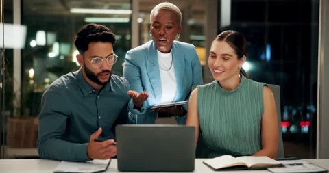 Creative, teamwork and happy people with laptop in office, copywriting and plan Stock Footage 336309246