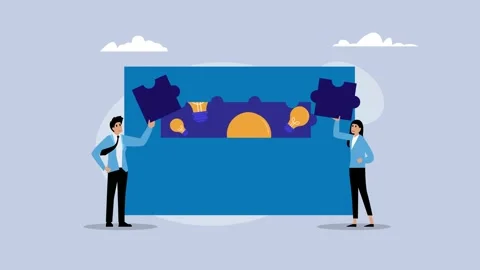 Creative Teamwork and Problem Solving with Puzzle Pieces cartoon animation Stock Footage 302533306