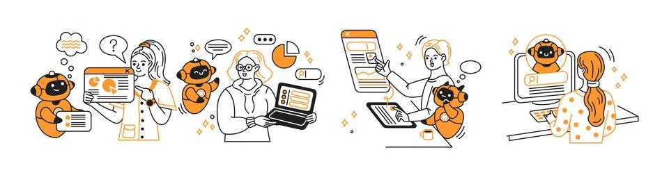 Creative Teamwork with Robots in Modern Office Stock Illustration